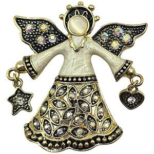 KC Kenneth Cole ANGEL Brooch Aurora Borealis Rhinestone Gold Tone 2" Vtg Signed